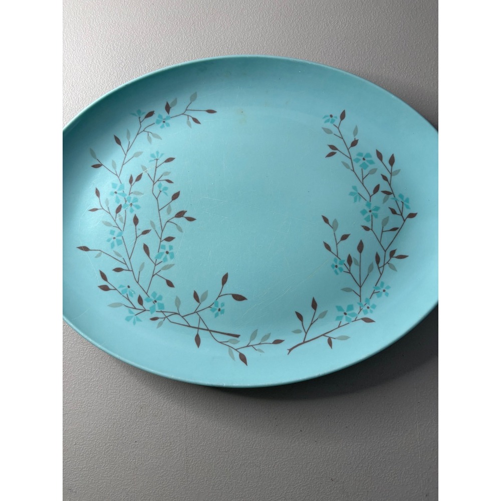 VTG Melamine Turquoise Blue Floral Oval Serving Platter Mid Century Modern - Picture 3 of 7